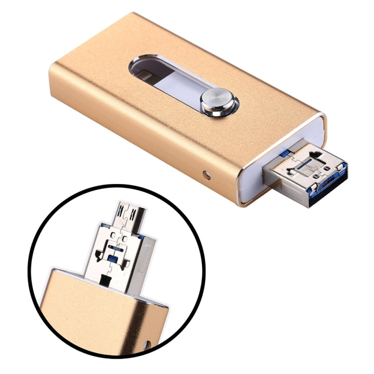 محرك فلاش USB 2.0 و8 Pin وMicro USB 3 في 1 بسعة 128GB، RQW-02 ذهبي