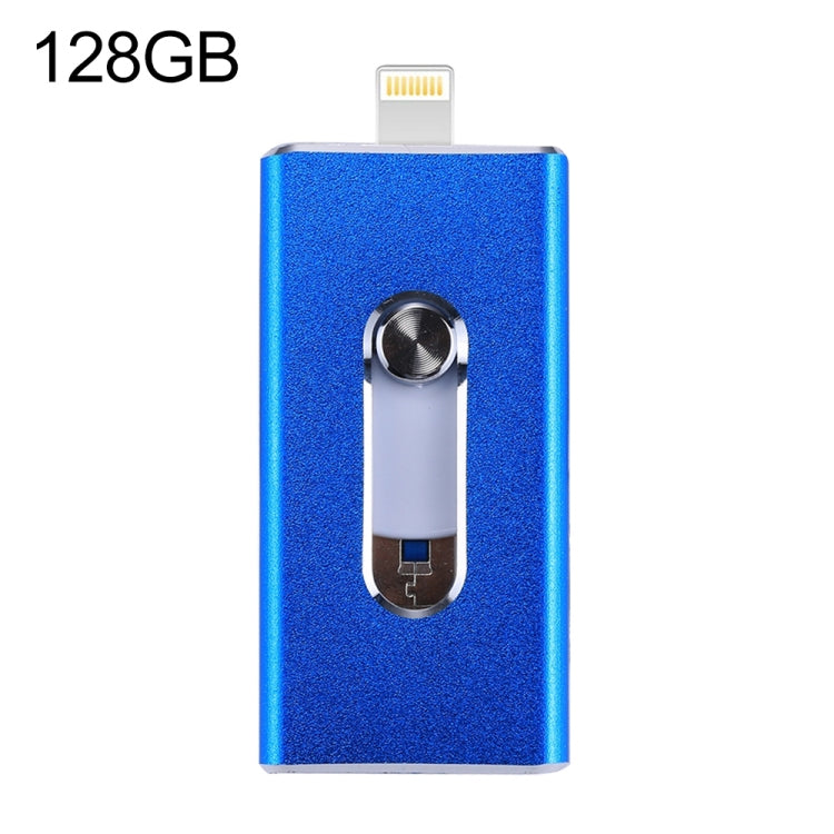 محرك فلاش USB 2.0 و8 Pin وMicro USB 3 في 1 بسعة 128GB، RQW-02 أزرق