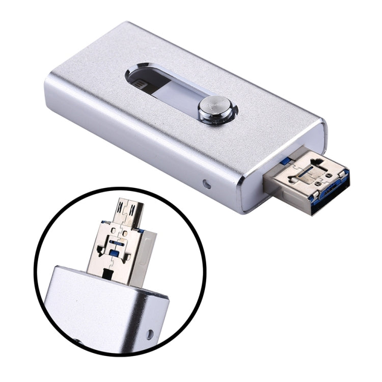 محرك فلاش USB 2.0 و8 Pin وMicro USB 3 في 1 بسعة 128GB، RQW-02 فضي