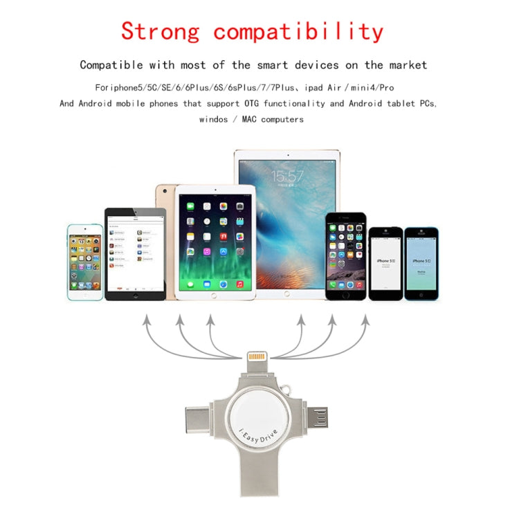 ذاكرة فلاش RQW-11S 4 في 1 USB 2.0 و 8 دبابيس و Micro USB و USB-C / Type-C بسعة 128GB، RQW-11S