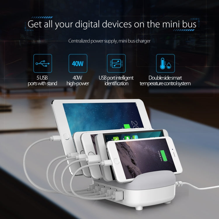 محطة شحن ذكية ORICO DUK-5P بقوة 40W مع 5 منافذ USB وحامل للهاتف والتابلت، قابس الاتحاد الأوروبي