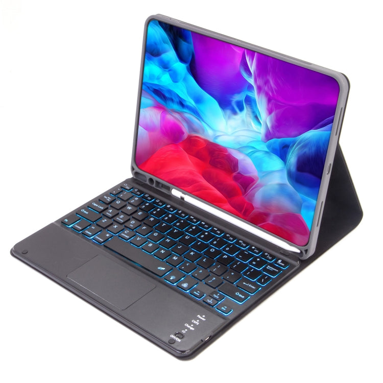 غطاء لوحي X-11BCS من الجلد بنسيج عادي مع لوحة مفاتيح Bluetooth قابلة للفصل لجهاز iPad Pro مقاس 11 بوصة 2020 / 2018، مع لوحة لمس وفتحة قلم وإضاءة خلفية