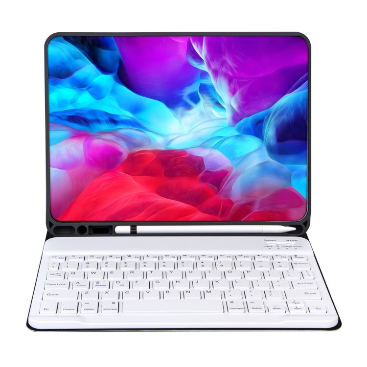 غطاء لوحي بلوحة مفاتيح بلوتوث قابلة للفصل بنسيج جلدي ناعم موديل X-11BS لجهاز iPad Pro 11 بوصة 2020 / 2018، مع فتحة وقلم وإضاءة خلفية، لوحة مفاتيح بيضاء