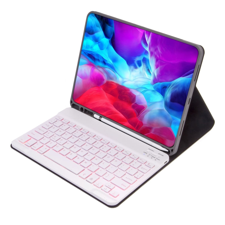 غطاء لوحي بلوحة مفاتيح بلوتوث قابلة للفصل بنسيج جلدي ناعم موديل X-11BS لجهاز iPad Pro 11 بوصة 2020 / 2018، مع فتحة وقلم وإضاءة خلفية، لوحة مفاتيح بيضاء