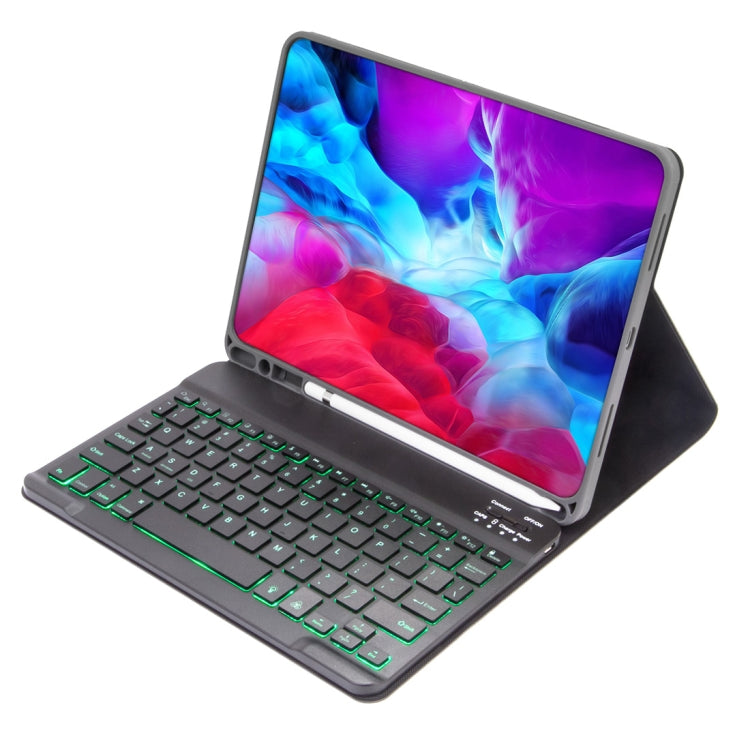 غطاء لوحي بلوحة مفاتيح بلوتوث قابلة للفصل بنسيج جلدي ناعم موديل X-11BS لجهاز iPad Pro 11 بوصة 2020 / 2018، مع فتحة وقلم وإضاءة خلفية، لوحة مفاتيح سوداء