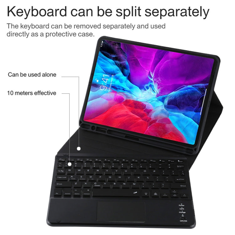 غطاء لوحي من الجلد الميكروفايبر مع لوحة مفاتيح بلوتوث قابلة للفصل موديل TG11BCS لجهاز iPad Pro 11 بوصة (2020)، مع إضاءة خلفية ولوحة لمس وفتحة وقلم، لوحة مفاتيح سوداء