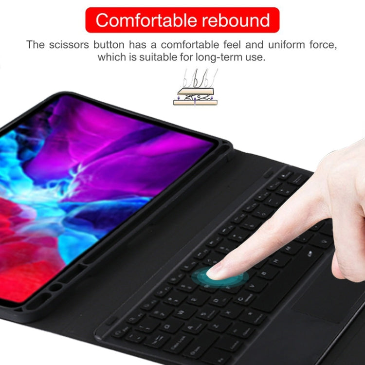 غطاء لوحي من الجلد الميكروفايبر مع لوحة مفاتيح بلوتوث قابلة للفصل موديل TG11BCS لجهاز iPad Pro 11 بوصة (2020)، مع إضاءة خلفية ولوحة لمس وفتحة وقلم، لوحة مفاتيح سوداء