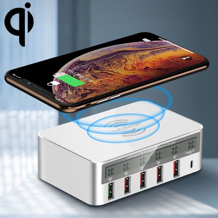 شاحن WLX-818F 6 في 1 بقدرة 10 واط QC3.0 شحن لاسلكي + USB-C / Type-C + 4 منافذ USB مع شاشة عرض ذكية LCD، قابس أوروبي / أسترالي، أبيض