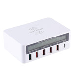 شاحن WLX-818F 6 في 1 بقدرة 10 واط QC3.0 شحن لاسلكي + USB-C / Type-C + 4 منافذ USB مع شاشة عرض ذكية LCD، قابس أوروبي / أسترالي، أبيض