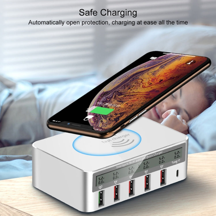 شاحن WLX-818F 6 في 1 بقدرة 10 واط QC3.0 شحن لاسلكي + USB-C / Type-C + 4 منافذ USB مع شاشة عرض ذكية LCD، قابس أوروبي / أسترالي، أبيض