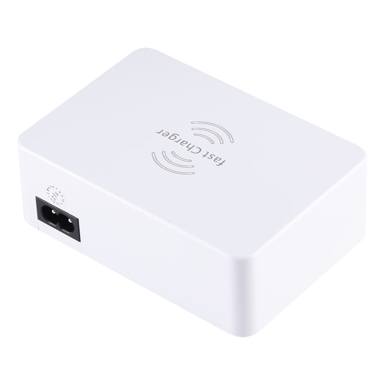 شاحن WLX-818F 6 في 1 بقدرة 10 واط QC3.0 شحن لاسلكي + USB-C / Type-C + 4 منافذ USB مع شاشة عرض ذكية LCD، قابس أوروبي / أسترالي، أبيض