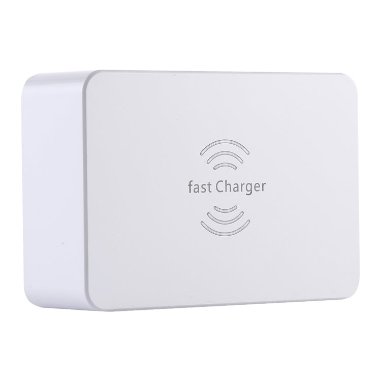 شاحن WLX-818F 6 في 1 بقدرة 10 واط QC3.0 شحن لاسلكي + USB-C / Type-C + 4 منافذ USB مع شاشة عرض ذكية LCD، قابس أوروبي / أسترالي، أبيض