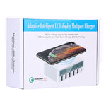 شاحن WLX-818F 6 في 1 بقدرة 10 واط QC3.0 شحن لاسلكي + USB-C / Type-C + 4 منافذ USB مع شاشة عرض ذكية LCD، قابس أوروبي / أسترالي، أبيض