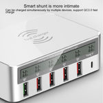 شاحن WLX-818F 6 في 1 بقدرة 10 واط QC3.0 شحن لاسلكي + USB-C / Type-C + 4 منافذ USB مع شاشة عرض ذكية LCD، قابس أوروبي / أسترالي، أبيض