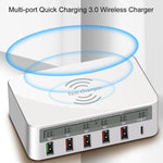 شاحن WLX-818F 6 في 1 بقدرة 10 واط QC3.0 شحن لاسلكي + USB-C / Type-C + 4 منافذ USB مع شاشة عرض ذكية LCD، قابس أوروبي / أسترالي، أبيض