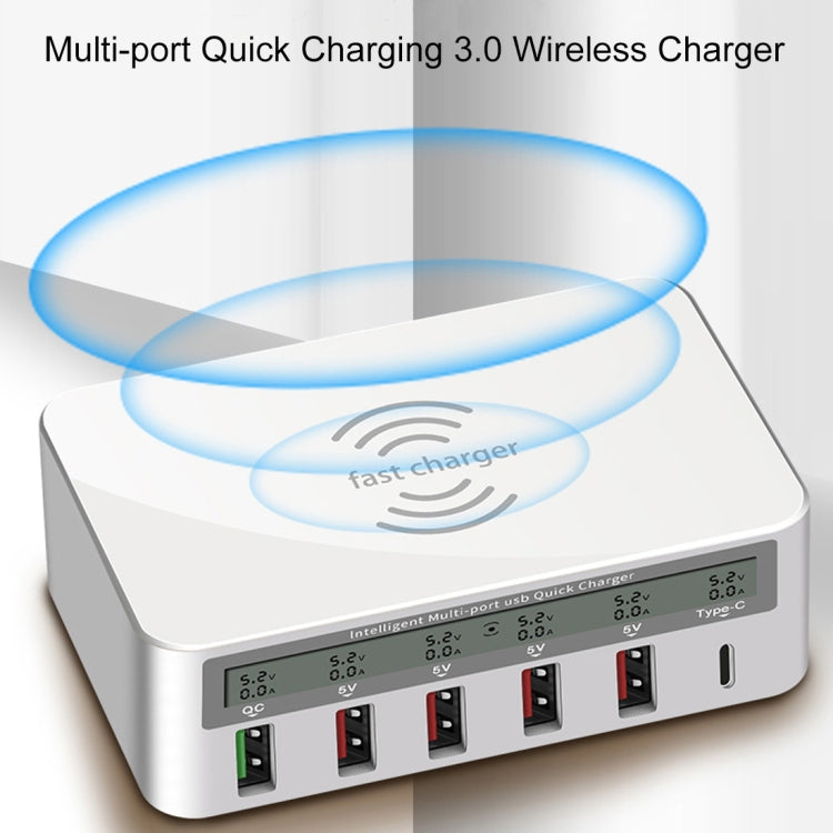 شاحن WLX-818F 6 في 1 بقدرة 10 واط QC3.0 شحن لاسلكي + USB-C / Type-C + 4 منافذ USB مع شاشة عرض ذكية LCD، قابس أوروبي / أسترالي، أبيض