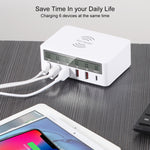 شاحن WLX-818F 6 في 1 بقدرة 10 واط QC3.0 شحن لاسلكي + USB-C / Type-C + 4 منافذ USB مع شاشة عرض ذكية LCD، قابس أوروبي / أسترالي، أبيض