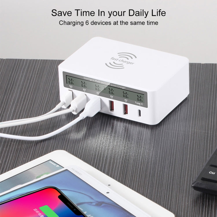 شاحن WLX-818F 6 في 1 بقدرة 10 واط QC3.0 شحن لاسلكي + USB-C / Type-C + 4 منافذ USB مع شاشة عرض ذكية LCD، قابس أوروبي / أسترالي، أبيض