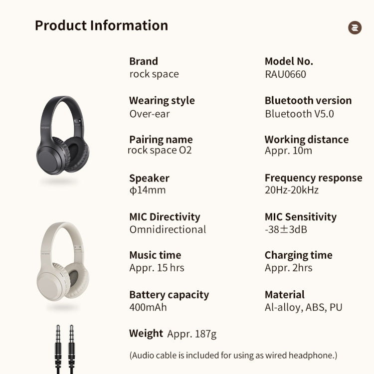سماعة رأس لاسلكية ROCK Space O2 HiFi بتقنية البلوتوث 5.0 مع ميكروفون، تدعم بطاقة TF، Space O2
