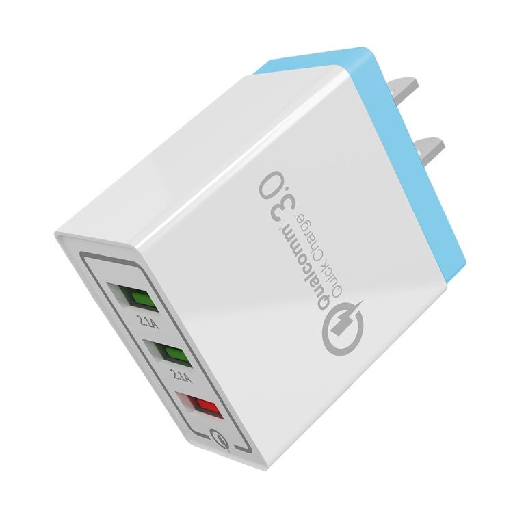 شاحن سريع للسفر AR-QC-03 بثلاثة منافذ USB بتيار 2.1 أمبير، قابس أمريكي، AR-QC-03 US، قابس AR-QC-03 US أزرق
