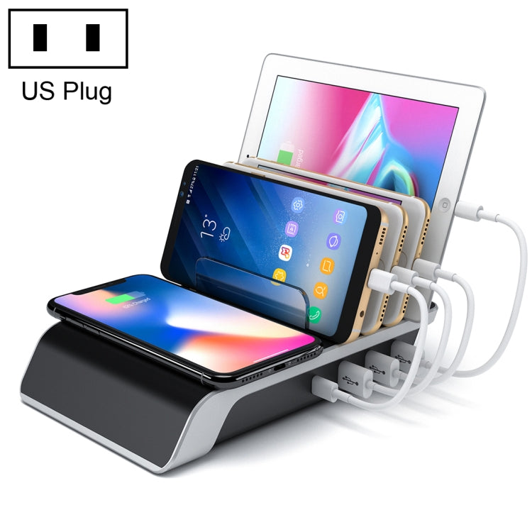 UD09 شاحن لاسلكي بمعيار Qi مع 4 منافذ USB وحامل هاتف مكتبي، قابس أمريكي، قابس أمريكي