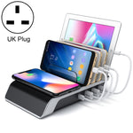 حامل شاحن لاسلكي Qi قياسي مع 4 منافذ USB وستاند للهاتف، قابس بريطاني، قابس بريطاني UD09
