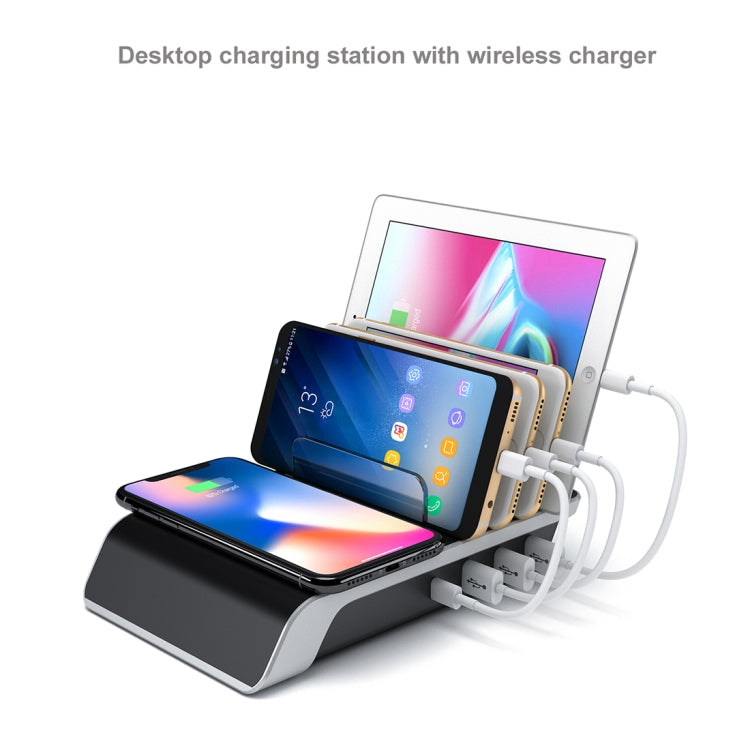 حامل شاحن لاسلكي Qi قياسي مع 4 منافذ USB وستاند للهاتف، قابس بريطاني، قابس بريطاني UD09