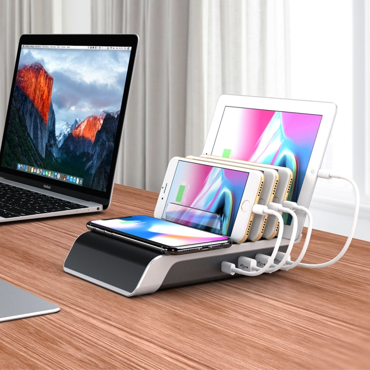 حامل شاحن لاسلكي Qi قياسي مع 4 منافذ USB وستاند للهاتف، قابس بريطاني، قابس بريطاني UD09