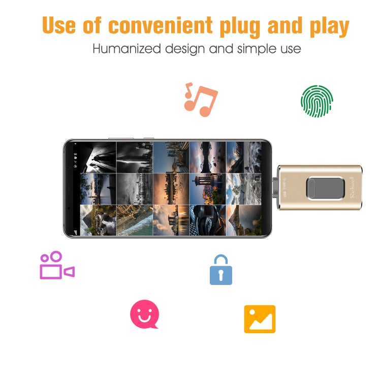 ريتشويل 3 في 1 فلاش ديسك معدني بسعة 16 جيجابايت مع منافذ Type-C + 8 دبابيس + USB 3.0 مع وظيفة OTG