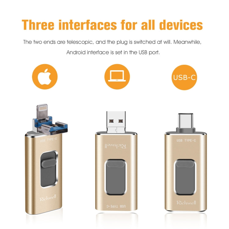 ذاكرة فلاش معدنية Richwell 3 في 1 بسعة 64 جيجابايت مع Type-C + 8 دبابيس + USB 3.0 مع وظيفة OTG