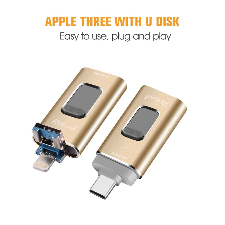 ذاكرة فلاش معدنية Richwell 3 في 1 بسعة 64 جيجابايت مع Type-C + 8 دبابيس + USB 3.0 مع وظيفة OTG