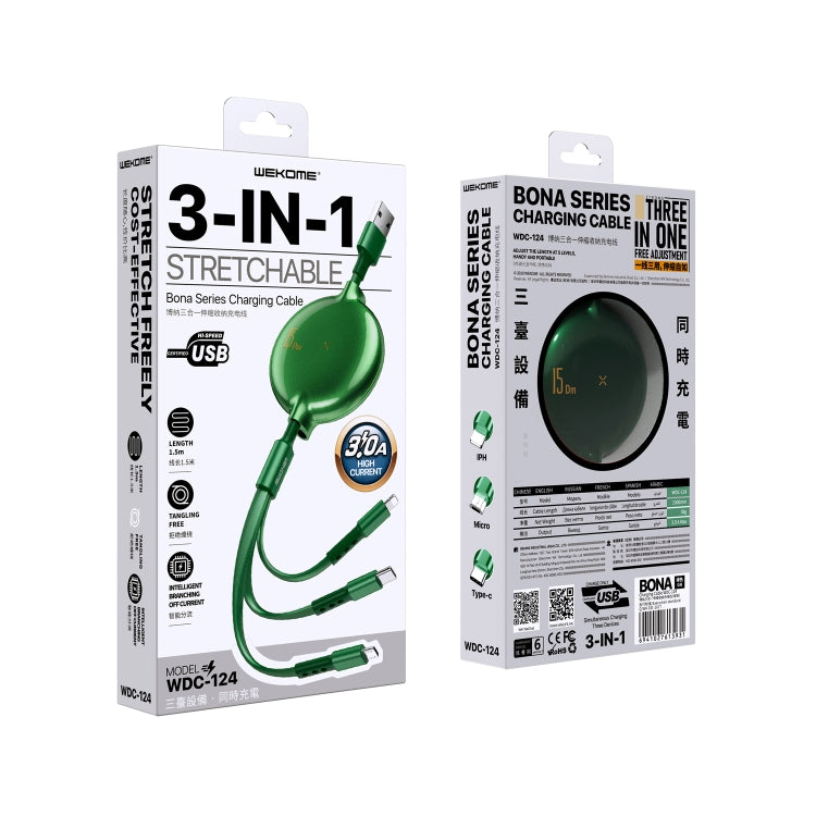 WK WDC-124 كابل شحن وبيانات تلسكوبي 3 في 1 3A 8 دبابيس + تايب-سي / USB-C + مايكرو USB من سلسلة بونا، الطول: 1.5م