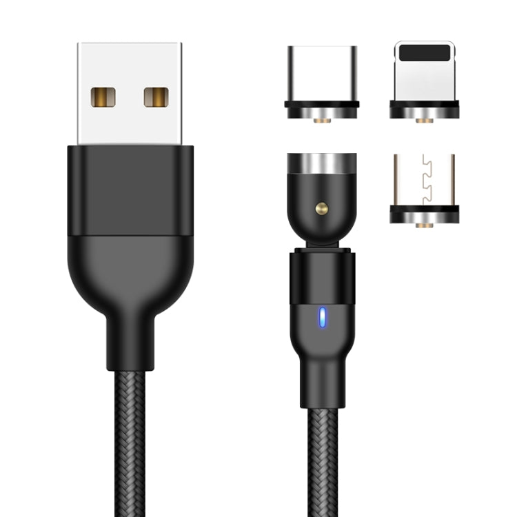 كابل شحن مغناطيسي دوار مضفر من النايلون 3 في 1 USB إلى 8 بن + USB-C / Type-C + Micro USB، طول 2 متر، 2 أمبير