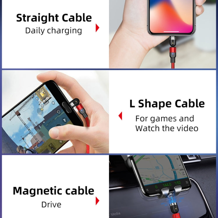 كابل شحن مغناطيسي دوار مضفر من النايلون 3 في 1 USB إلى 8 بن + USB-C / Type-C + Micro USB، طول 1 متر، 2 أمبير
