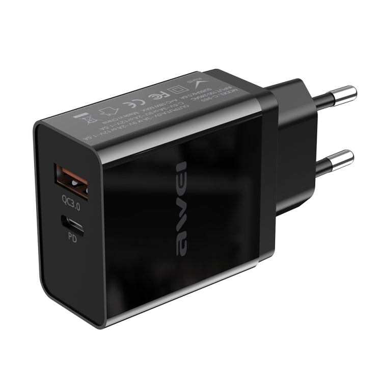 شاحن سفر سريع awei C-980 18W PD USB-C / Type-C + QC 3.0 بمنفذ USB، قابس الاتحاد الأوروبي