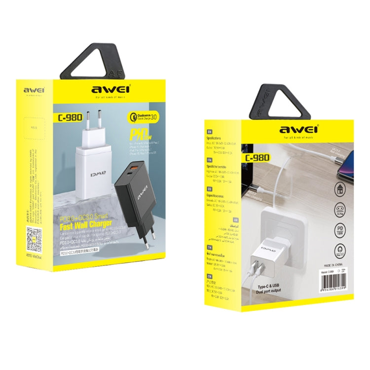 شاحن سفر سريع awei C-980 18W PD USB-C / Type-C + QC 3.0 بمنفذ USB، قابس الاتحاد الأوروبي