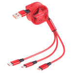 كابل شحن ومزامنة بيانات قابل للسحب 3 في 1 بطول 1.2م من USB إلى USB-C / تايب-سي + 8 دبابيس + مايكرو USB