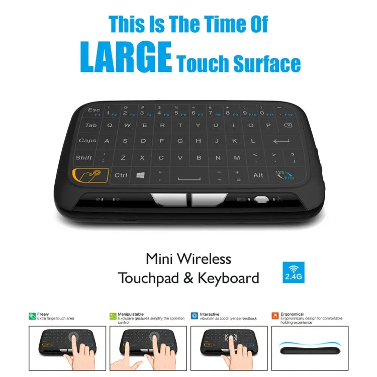 لوحة مفاتيح صغيرة لاسلكية H18 2.4 جيجاهرتز ماوس جوي مع لوحة مفاتيح QWERTY ولوحة لمس / اهتزاز للكمبيوتر الشخصي والتلفاز، لوحة مفاتيح H18 اللاسلكية