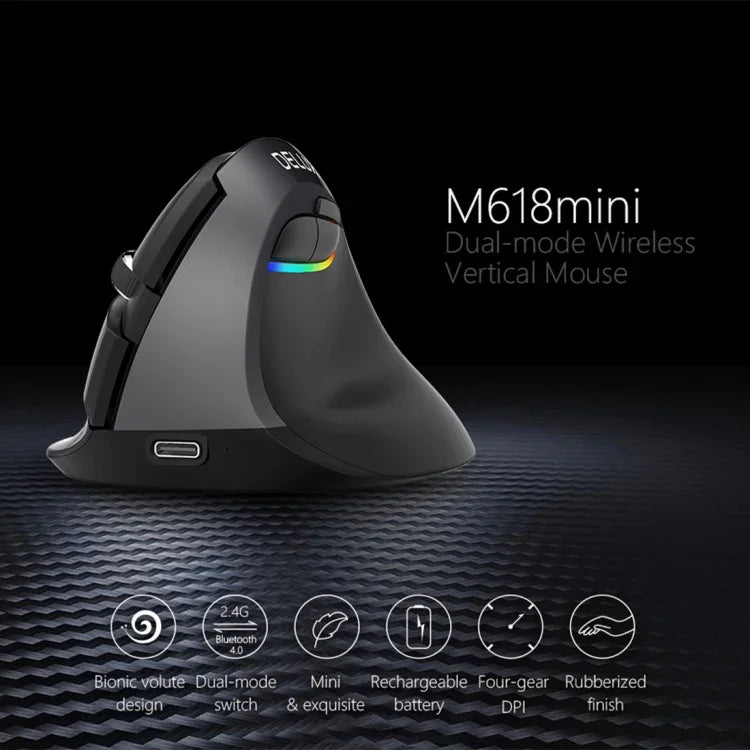فأرة عمودية ميني لاسلكية DELUX M618 2.4G بدقة 2400 DPI USB قابلة للشحن، M618 رمادي