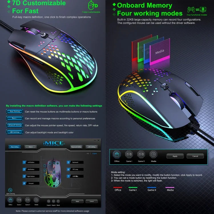 فأرة ألعاب iMICE T97 بإضاءة LED RGB، 7 أزرار، سلك USB، دقة 7200 DPI