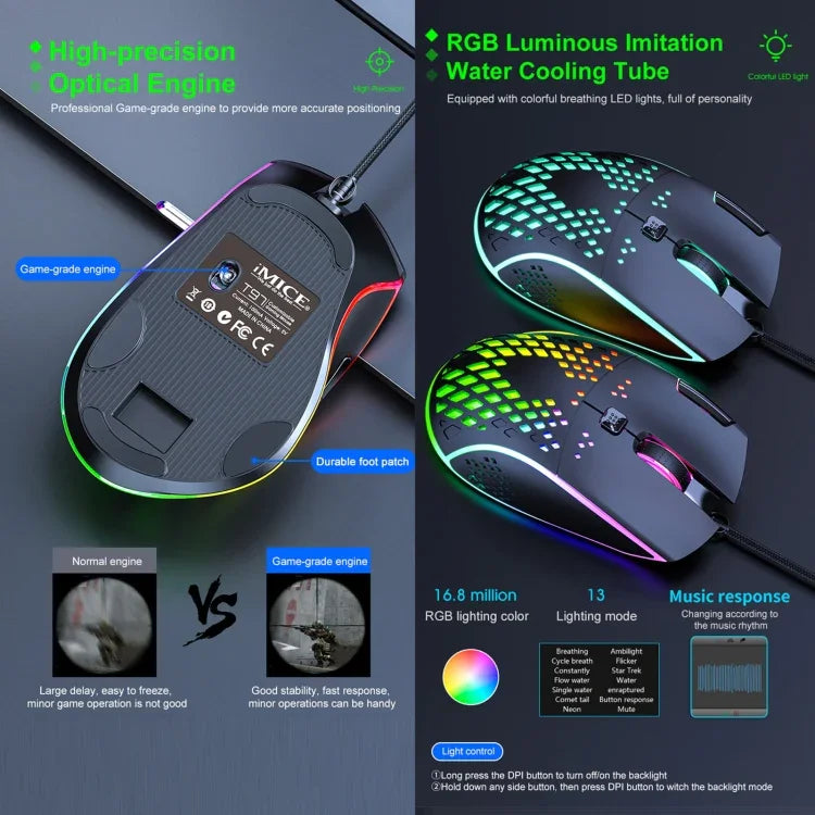 فأرة ألعاب iMICE T97 بإضاءة LED RGB، 7 أزرار، سلك USB، دقة 7200 DPI