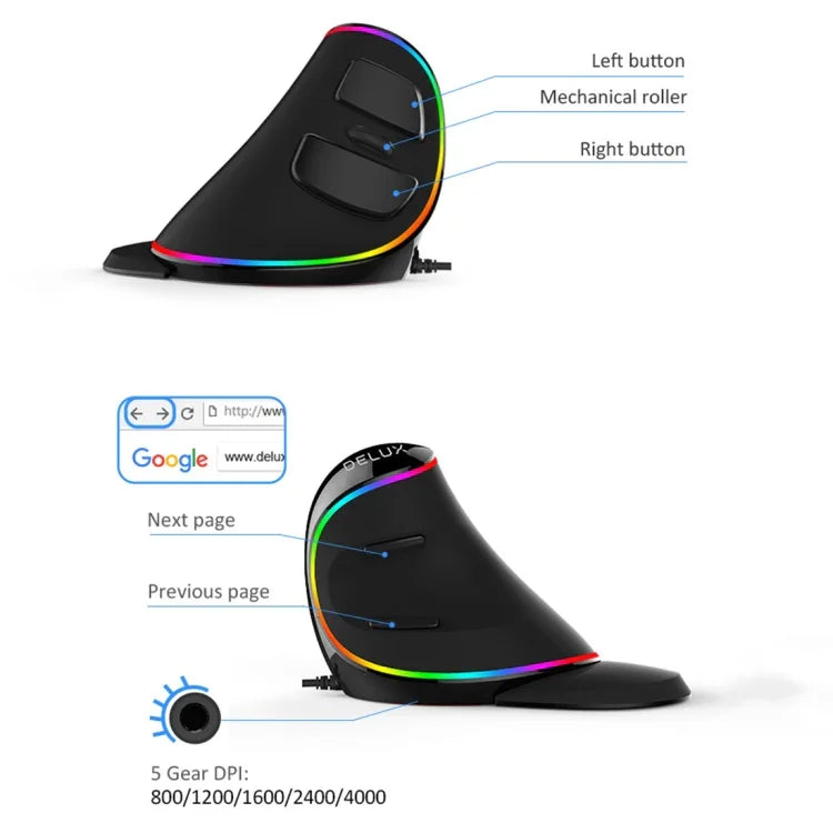 فأرة بصرية سلكية DELUX M618 Plus RGB مريحة عمودية بدقة 4000 DPI، سلكية