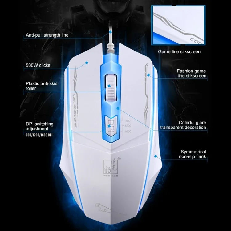 فأرة ألعاب بصرية سلكية USB Chasing Leopard 199 بدقة 1600 DPI مع إضاءة خلفية LED قابلة للتعديل بثلاث سرعات، الطول: 1.3 م، 199 أسود، 199