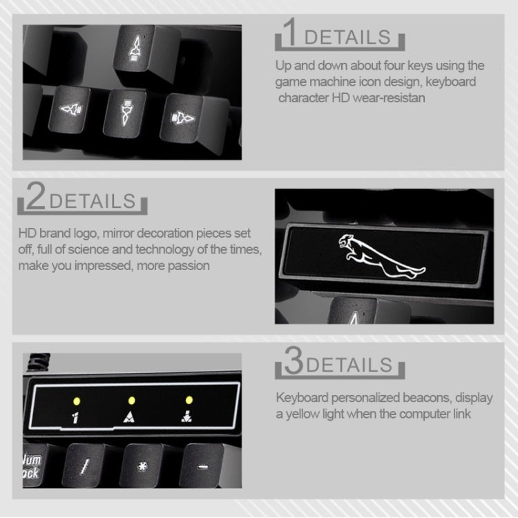 مجموعة لوحة مفاتيح مكتبية للألعاب مكتوبة سلكية USB Chasing Leopard Q17 بعدد 104 مفتاح + فأرة متماثلة سلكية، طول كابل لوحة المفاتيح: 1.4 م، طول كابل الفأرة: 1.3 م، Q17 أسود، Q17 أبيض