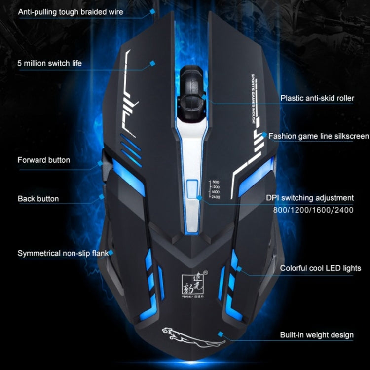فأرة ألعاب بصرية سلكية USB Chasing Leopard V17 بدقة 2400 DPI مع نمط خطي قابل للتعديل بأربع سرعات وإضاءة LED تنفسية، الطول: 1.45 م، V17، V17 أسود نفاث