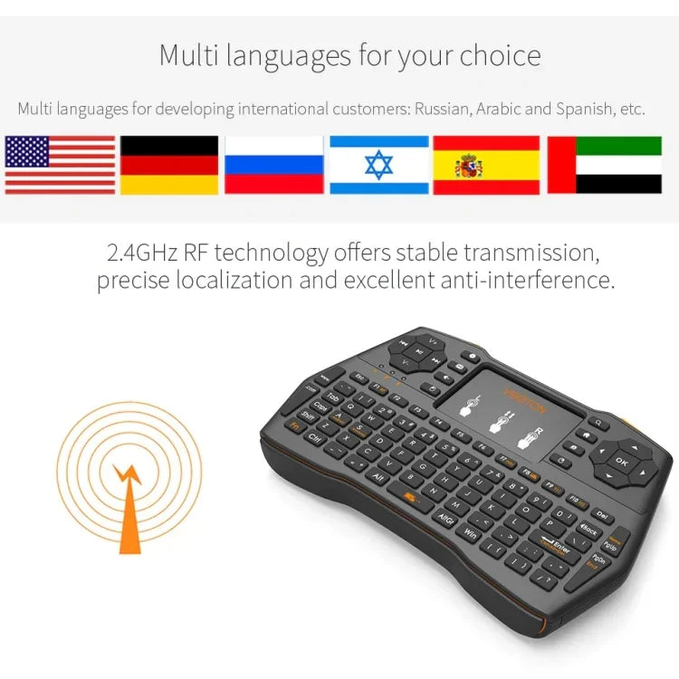 لوحة مفاتيح لاسلكية VIBOTON i8 Plus محدثة 2.4 جيجاهرتز QWERTY صغيرة مع لوحة لمس لصندوق التلفاز، Mi Box، الكمبيوتر، التابلت، اللابتوب وجهاز العرض (أسود)، لوحة مفاتيح لاسلكية