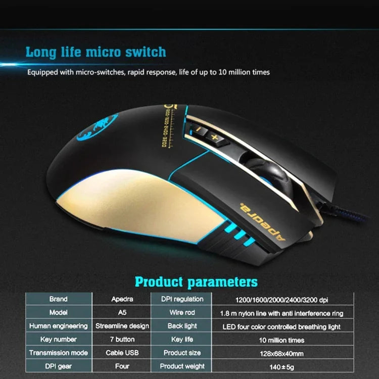 ماوس ألعاب عالي الدقة Apedra iMICE A5 مع إضاءة LED بأربعة ألوان قابلة للتحكم، USB، 7 أزرار، 3200 DPI، ماوس بصري سلكي للألعاب للكمبيوتر واللابتوب، iMICE A5