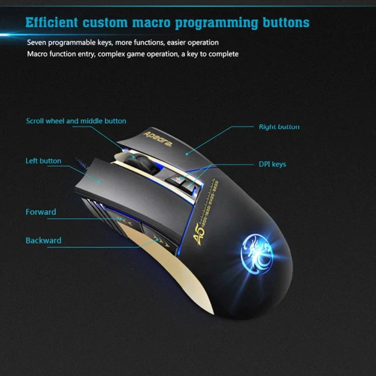 ماوس ألعاب عالي الدقة Apedra iMICE A5 مع إضاءة LED بأربعة ألوان قابلة للتحكم، USB، 7 أزرار، 3200 DPI، ماوس بصري سلكي للألعاب للكمبيوتر واللابتوب، iMICE A5