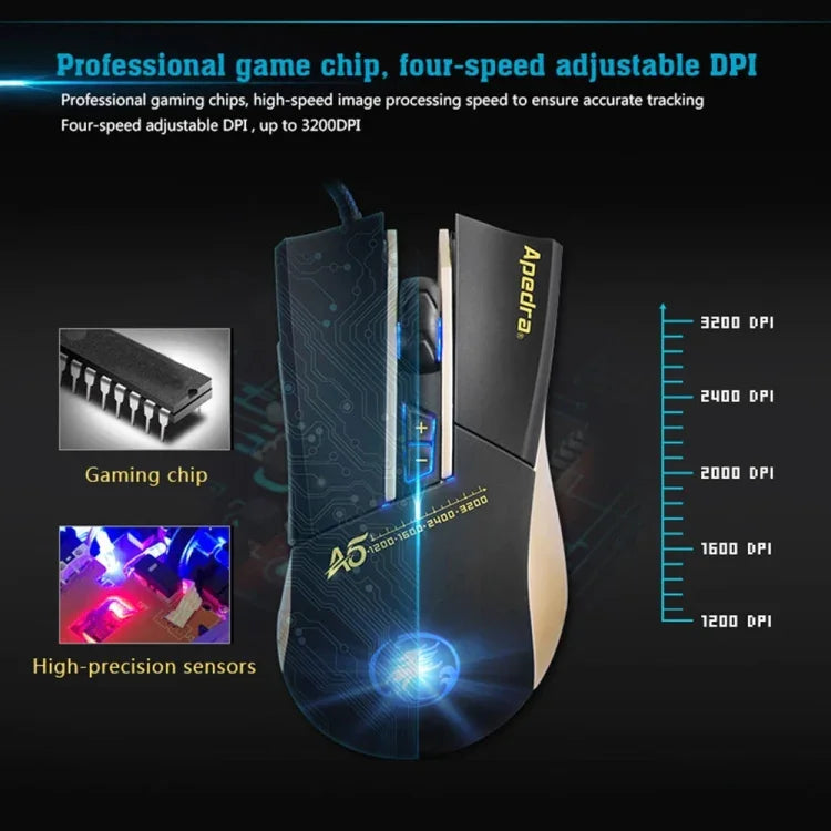 ماوس ألعاب عالي الدقة Apedra iMICE A5 مع إضاءة LED بأربعة ألوان قابلة للتحكم، USB، 7 أزرار، 3200 DPI، ماوس بصري سلكي للألعاب للكمبيوتر واللابتوب، iMICE A5