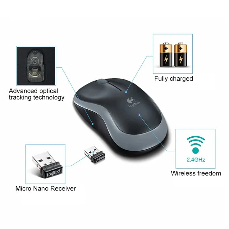 ماوس بصري لاسلكي Logitech M185 بتردد 2.4 جيجاهرتز مع 3 أزرار ودقة 1000 DPI، مدى لاسلكي: 10 متر